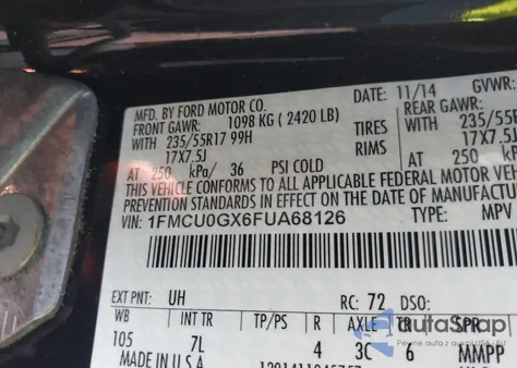2015 Ford Escape Se from USA, damaged, VIN 1FMCU0GX6FUA68126